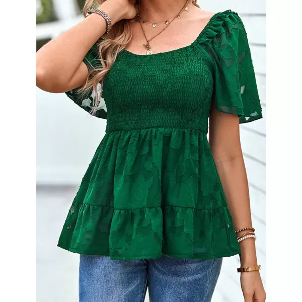 IyMoo Summer Blouses for Women Square Neck Smocked Lace Mesh Tiered Tops Layered Babydoll Tunic ShirtsGreen