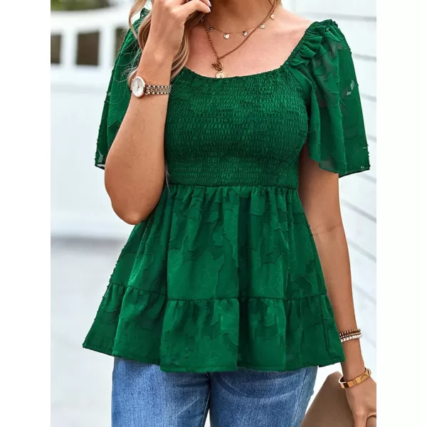 IyMoo Summer Blouses for Women Square Neck Smocked Lace Mesh Tiered Tops Layered Babydoll Tunic ShirtsGreen