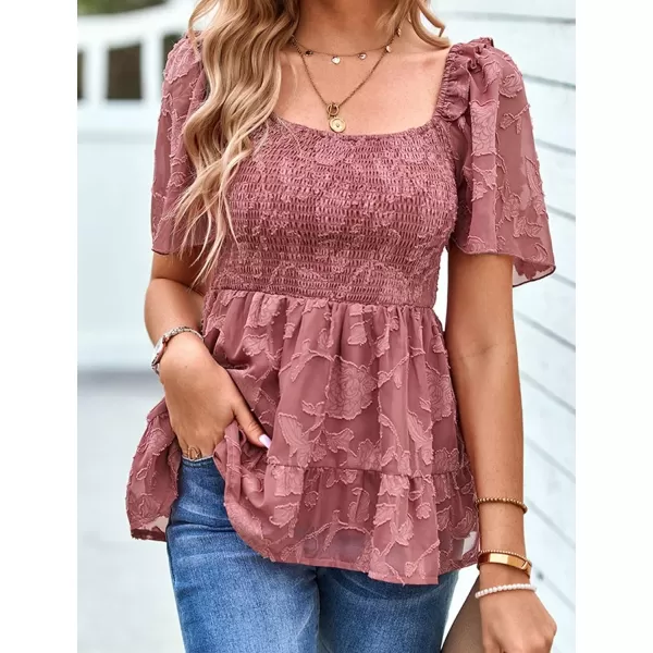 IyMoo Summer Blouses for Women Square Neck Smocked Lace Mesh Tiered Tops Layered Babydoll Tunic ShirtsRose Pink