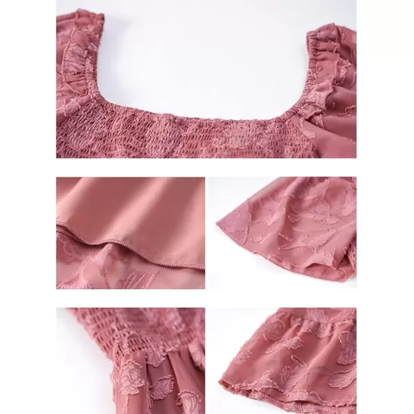IyMoo Summer Blouses for Women Square Neck Smocked Lace Mesh Tiered Tops Layered Babydoll Tunic ShirtsRose Pink