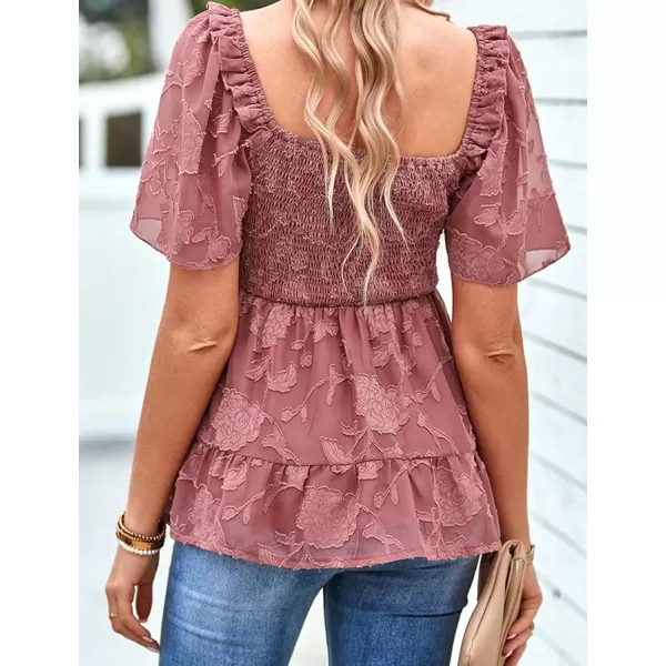 IyMoo Summer Blouses for Women Square Neck Smocked Lace Mesh Tiered Tops Layered Babydoll Tunic ShirtsRose Pink