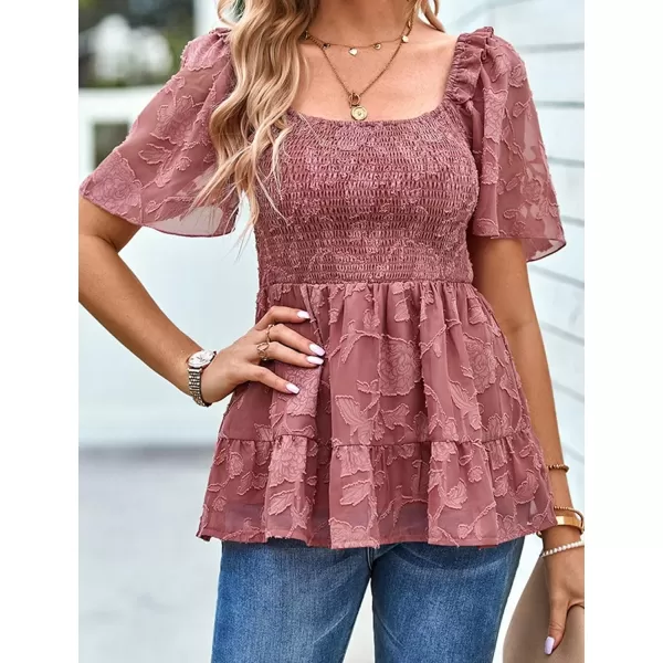 IyMoo Summer Blouses for Women Square Neck Smocked Lace Mesh Tiered Tops Layered Babydoll Tunic ShirtsRose Pink