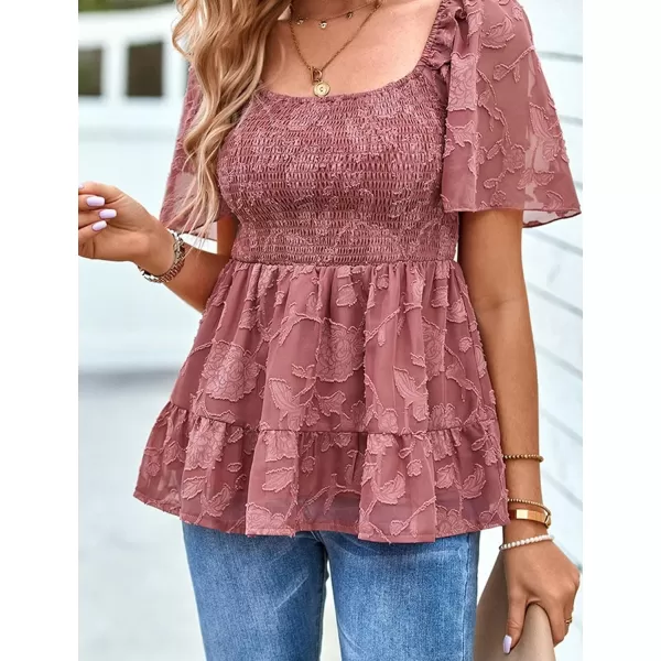 IyMoo Summer Blouses for Women Square Neck Smocked Lace Mesh Tiered Tops Layered Babydoll Tunic ShirtsRose Pink
