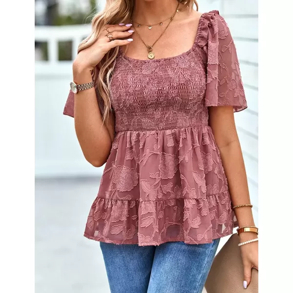 IyMoo Summer Blouses for Women Square Neck Smocked Lace Mesh Tiered Tops Layered Babydoll Tunic ShirtsRose Pink