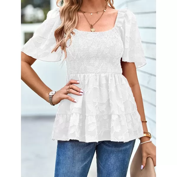 IyMoo Summer Blouses for Women Square Neck Smocked Lace Mesh Tiered Tops Layered Babydoll Tunic ShirtsWhite