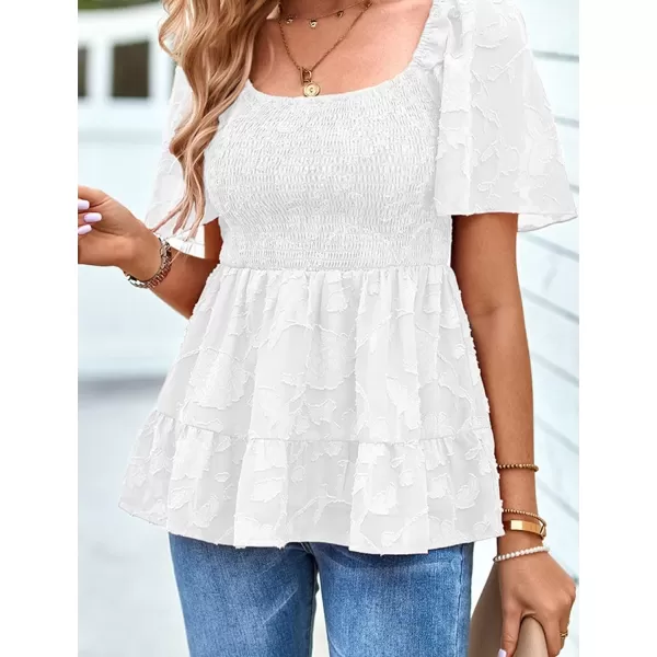 IyMoo Summer Blouses for Women Square Neck Smocked Lace Mesh Tiered Tops Layered Babydoll Tunic ShirtsWhite