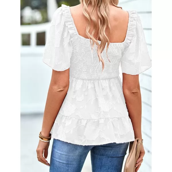 IyMoo Summer Blouses for Women Square Neck Smocked Lace Mesh Tiered Tops Layered Babydoll Tunic ShirtsWhite