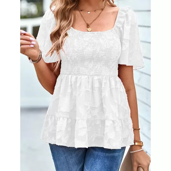 IyMoo Summer Blouses for Women Square Neck Smocked Lace Mesh Tiered Tops Layered Babydoll Tunic ShirtsWhite