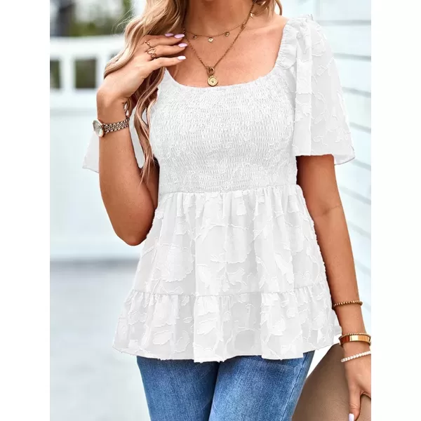 IyMoo Summer Blouses for Women Square Neck Smocked Lace Mesh Tiered Tops Layered Babydoll Tunic ShirtsWhite