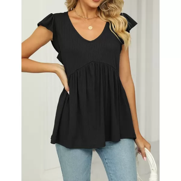 IyMoo Summer Blouses for Women V Neck Flutter Sleeve Ruffle Rib Knit Peplum Tops Babydoll Tunic ShirtsBlack