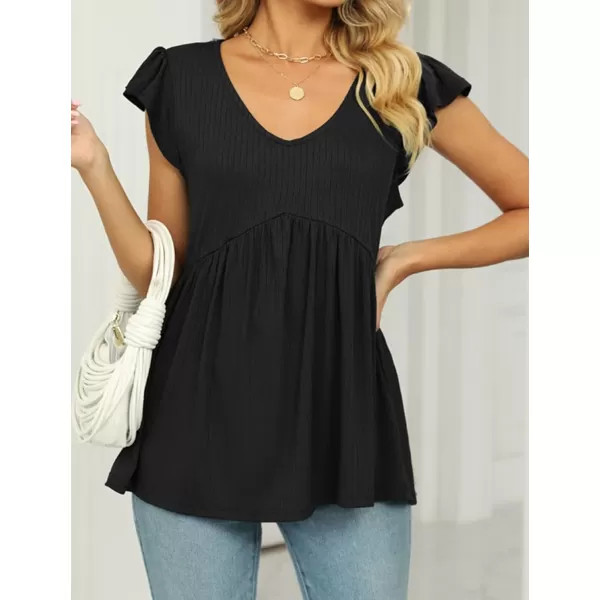 IyMoo Summer Blouses for Women V Neck Flutter Sleeve Ruffle Rib Knit Peplum Tops Babydoll Tunic ShirtsBlack