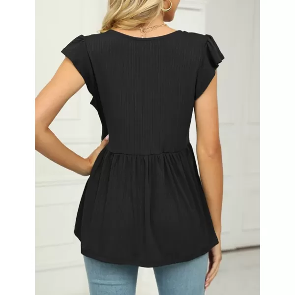 IyMoo Summer Blouses for Women V Neck Flutter Sleeve Ruffle Rib Knit Peplum Tops Babydoll Tunic ShirtsBlack
