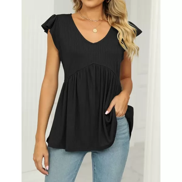 IyMoo Summer Blouses for Women V Neck Flutter Sleeve Ruffle Rib Knit Peplum Tops Babydoll Tunic ShirtsBlack