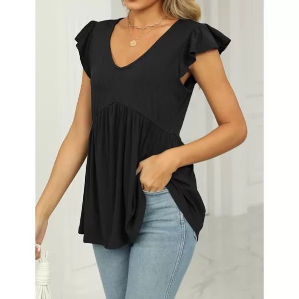 IyMoo Summer Blouses for Women V Neck Flutter Sleeve Ruffle Rib Knit Peplum Tops Babydoll Tunic ShirtsBlack