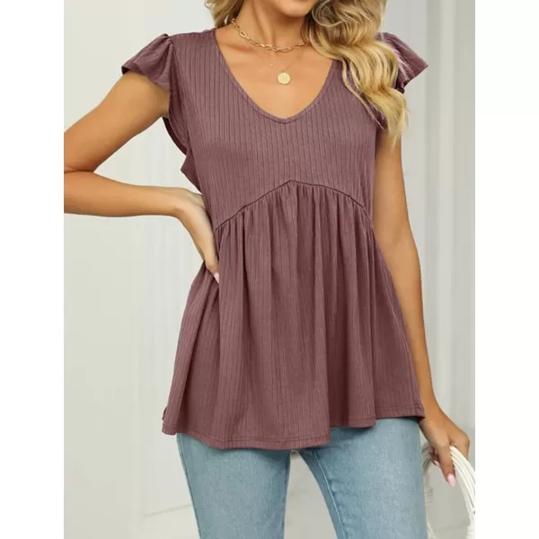 IyMoo Summer Blouses for Women V Neck Flutter Sleeve Ruffle Rib Knit Peplum Tops Babydoll Tunic ShirtsDark Pink
