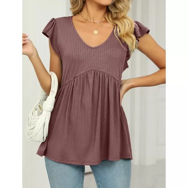 IyMoo Summer Blouses for Women V Neck Flutter Sleeve Ruffle Rib Knit Peplum Tops Babydoll Tunic ShirtsDark Pink