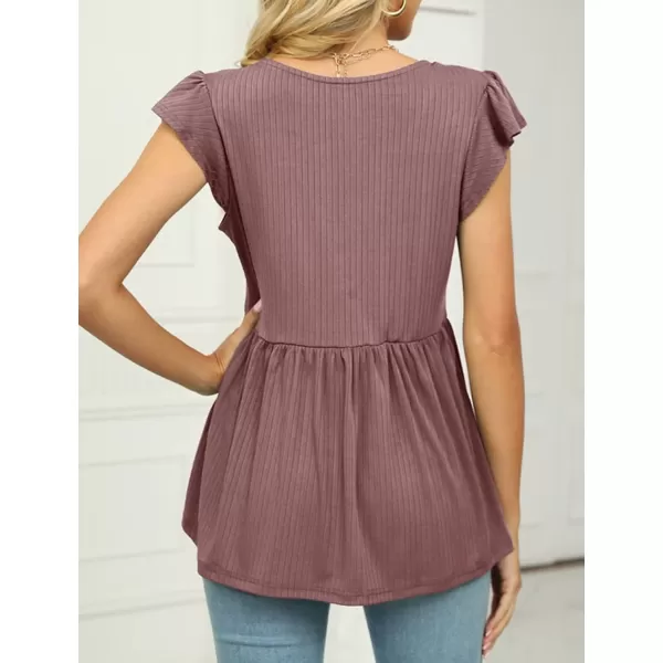 IyMoo Summer Blouses for Women V Neck Flutter Sleeve Ruffle Rib Knit Peplum Tops Babydoll Tunic ShirtsDark Pink