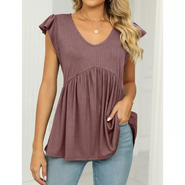 IyMoo Summer Blouses for Women V Neck Flutter Sleeve Ruffle Rib Knit Peplum Tops Babydoll Tunic ShirtsDark Pink