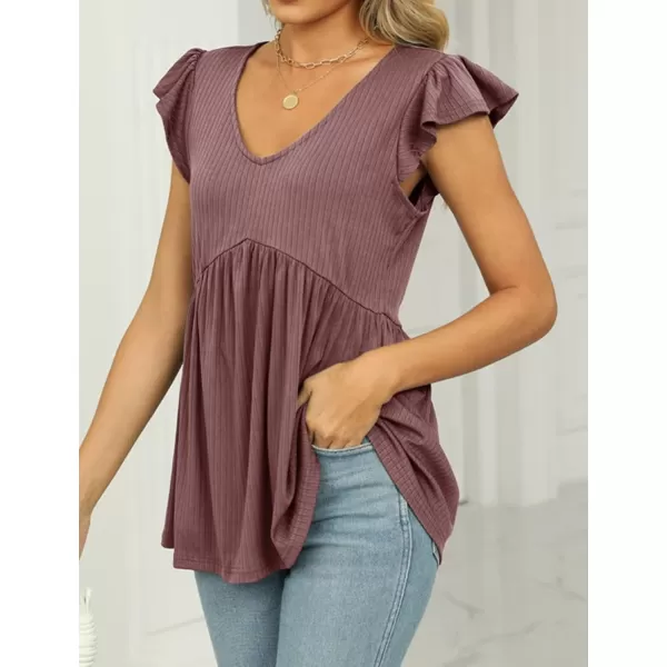 IyMoo Summer Blouses for Women V Neck Flutter Sleeve Ruffle Rib Knit Peplum Tops Babydoll Tunic ShirtsDark Pink