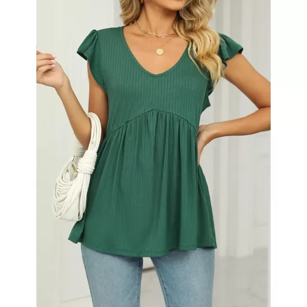 IyMoo Summer Blouses for Women V Neck Flutter Sleeve Ruffle Rib Knit Peplum Tops Babydoll Tunic ShirtsGreen