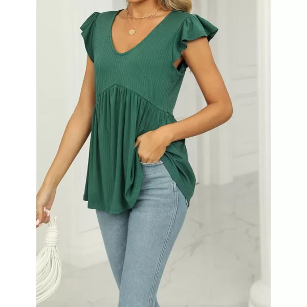 IyMoo Summer Blouses for Women V Neck Flutter Sleeve Ruffle Rib Knit Peplum Tops Babydoll Tunic ShirtsGreen