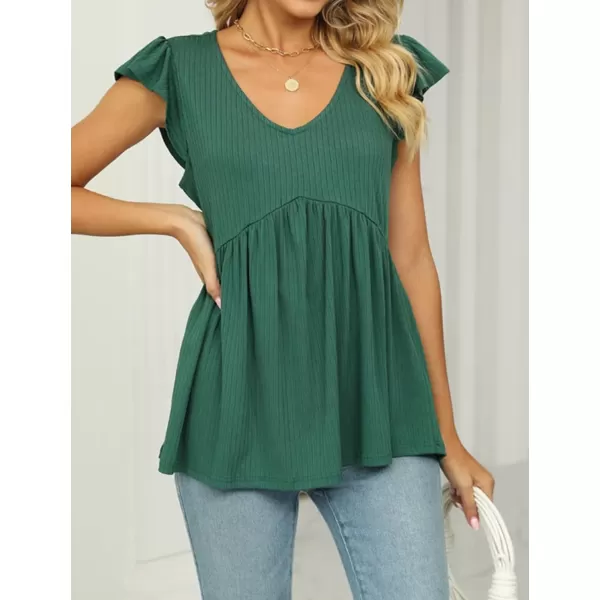 IyMoo Summer Blouses for Women V Neck Flutter Sleeve Ruffle Rib Knit Peplum Tops Babydoll Tunic ShirtsGreen