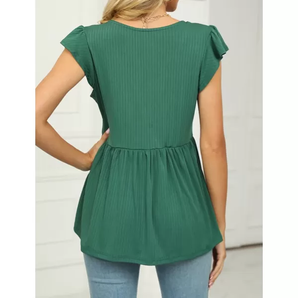 IyMoo Summer Blouses for Women V Neck Flutter Sleeve Ruffle Rib Knit Peplum Tops Babydoll Tunic ShirtsGreen