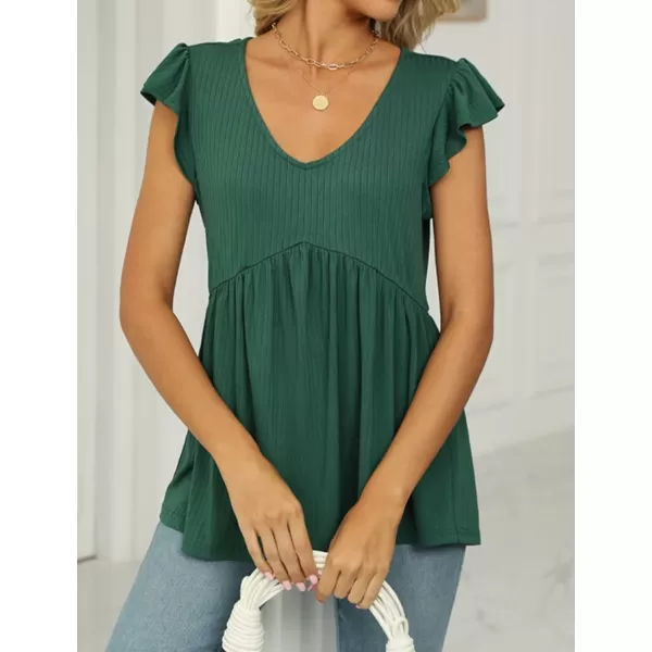 IyMoo Summer Blouses for Women V Neck Flutter Sleeve Ruffle Rib Knit Peplum Tops Babydoll Tunic ShirtsGreen
