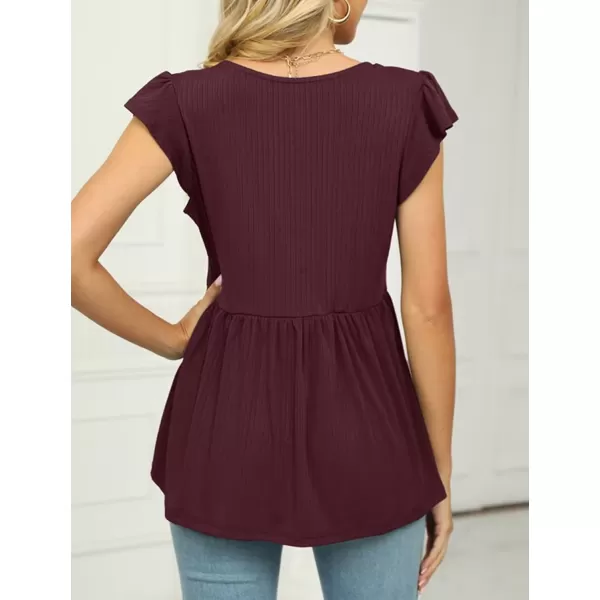 IyMoo Summer Blouses for Women V Neck Flutter Sleeve Ruffle Rib Knit Peplum Tops Babydoll Tunic ShirtsWine Red