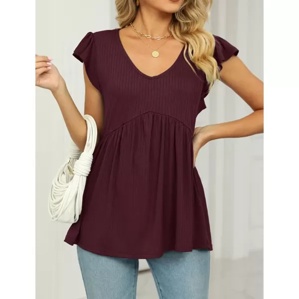 IyMoo Summer Blouses for Women V Neck Flutter Sleeve Ruffle Rib Knit Peplum Tops Babydoll Tunic ShirtsWine Red