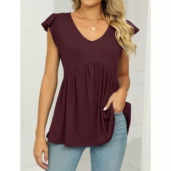 IyMoo Summer Blouses for Women V Neck Flutter Sleeve Ruffle Rib Knit Peplum Tops Babydoll Tunic ShirtsWine Red