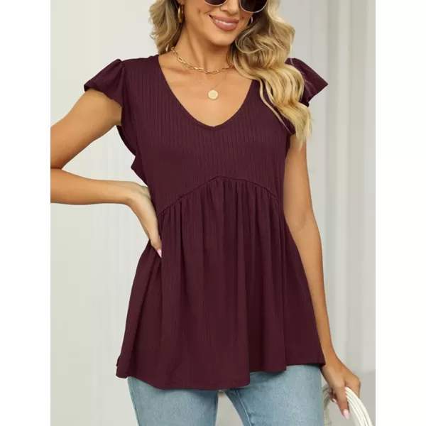 IyMoo Summer Blouses for Women V Neck Flutter Sleeve Ruffle Rib Knit Peplum Tops Babydoll Tunic ShirtsWine Red