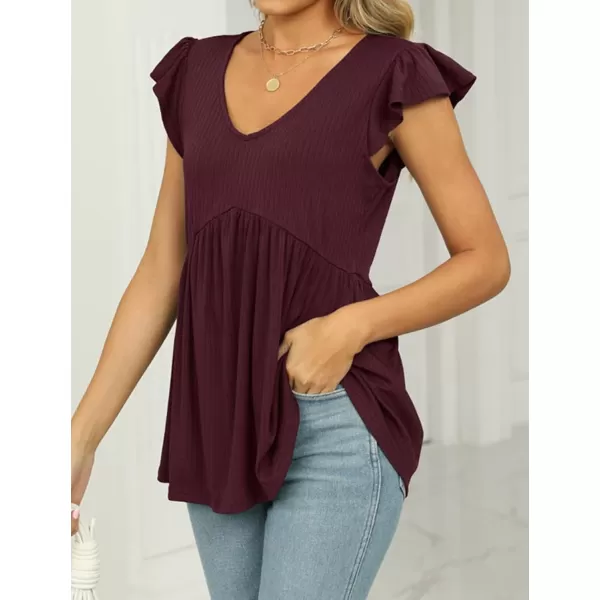 IyMoo Summer Blouses for Women V Neck Flutter Sleeve Ruffle Rib Knit Peplum Tops Babydoll Tunic ShirtsWine Red