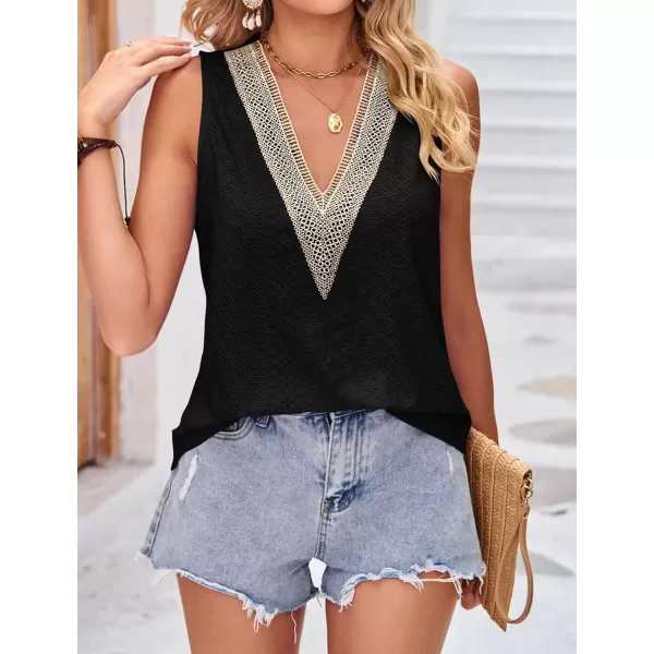 IyMoo Tank Tops for Women Loose Fit Lace Trim Summer Tops V Neck Sleeveless Tanks Trendy BlouseBlack