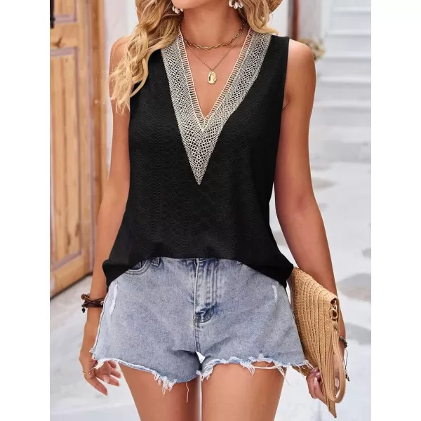 IyMoo Tank Tops for Women Loose Fit Lace Trim Summer Tops V Neck Sleeveless Tanks Trendy BlouseBlack