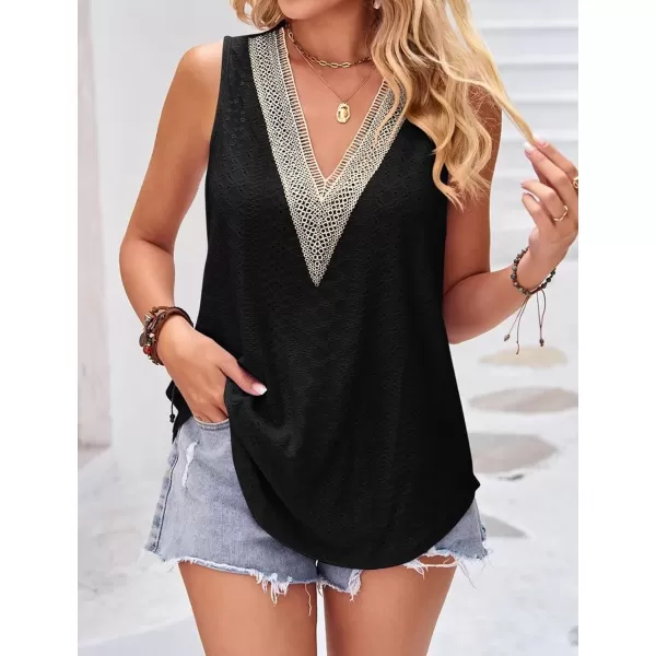 IyMoo Tank Tops for Women Loose Fit Lace Trim Summer Tops V Neck Sleeveless Tanks Trendy BlouseBlack