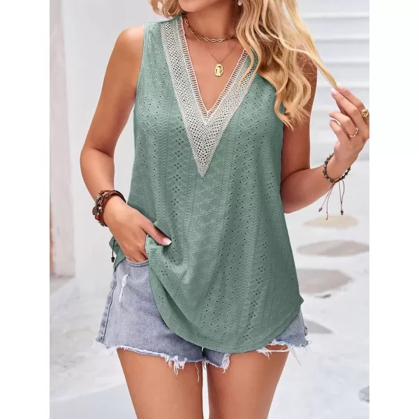IyMoo Tank Tops for Women Loose Fit Lace Trim Summer Tops V Neck Sleeveless Tanks Trendy BlouseGreen