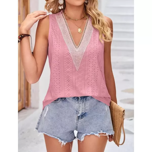IyMoo Tank Tops for Women Loose Fit Lace Trim Summer Tops V Neck Sleeveless Tanks Trendy BlousePink