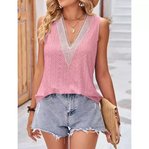 IyMoo Tank Tops for Women Loose Fit Lace Trim Summer Tops V Neck Sleeveless Tanks Trendy BlousePink