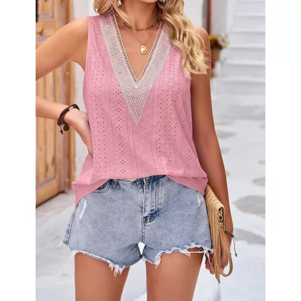 IyMoo Tank Tops for Women Loose Fit Lace Trim Summer Tops V Neck Sleeveless Tanks Trendy BlousePink