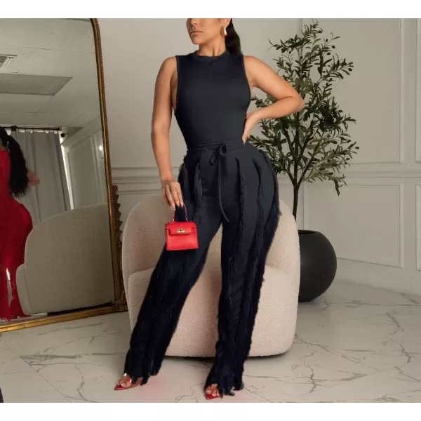IyMoo Two Piece Outfits for Women Long Sleeve Sleeveless Tank Tops Fringe Tassel Shorts Long Pants Set Clubwear S3XLA1 Black