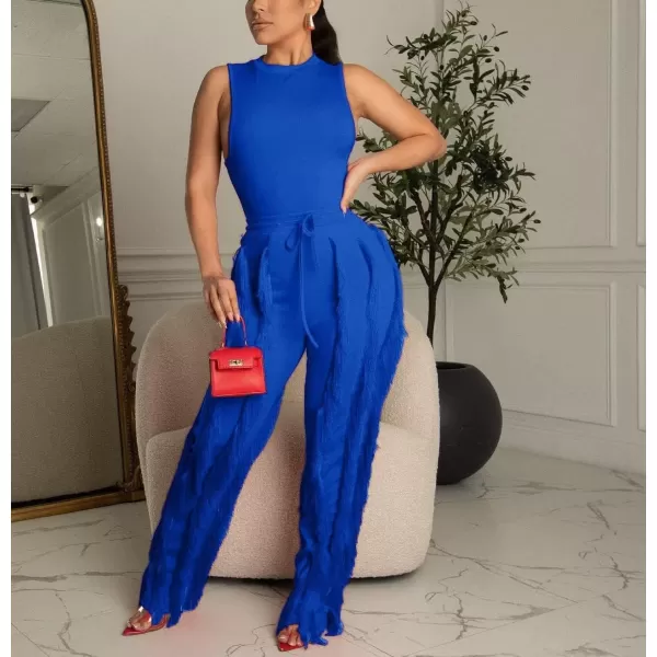 IyMoo Two Piece Outfits for Women Long Sleeve Sleeveless Tank Tops Fringe Tassel Shorts Long Pants Set Clubwear S3XLA1 Blue