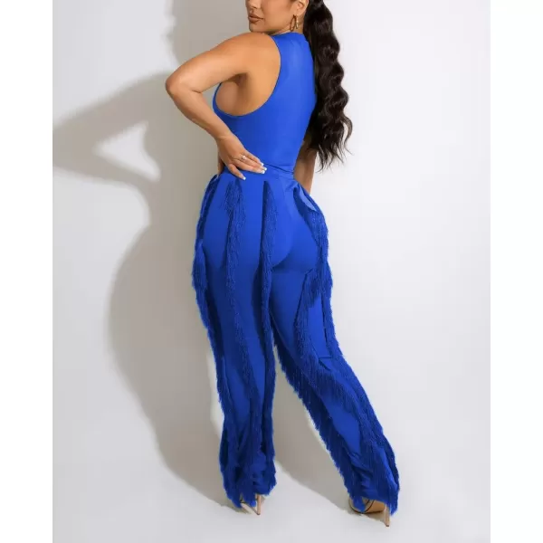 IyMoo Two Piece Outfits for Women Long Sleeve Sleeveless Tank Tops Fringe Tassel Shorts Long Pants Set Clubwear S3XLA1 Blue