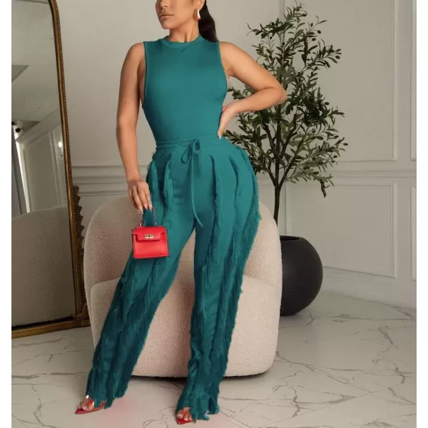 IyMoo Two Piece Outfits for Women Long Sleeve Sleeveless Tank Tops Fringe Tassel Shorts Long Pants Set Clubwear S3XLA1 Green