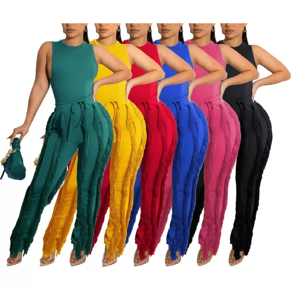 IyMoo Two Piece Outfits for Women Long Sleeve Sleeveless Tank Tops Fringe Tassel Shorts Long Pants Set Clubwear S3XLA1 Green