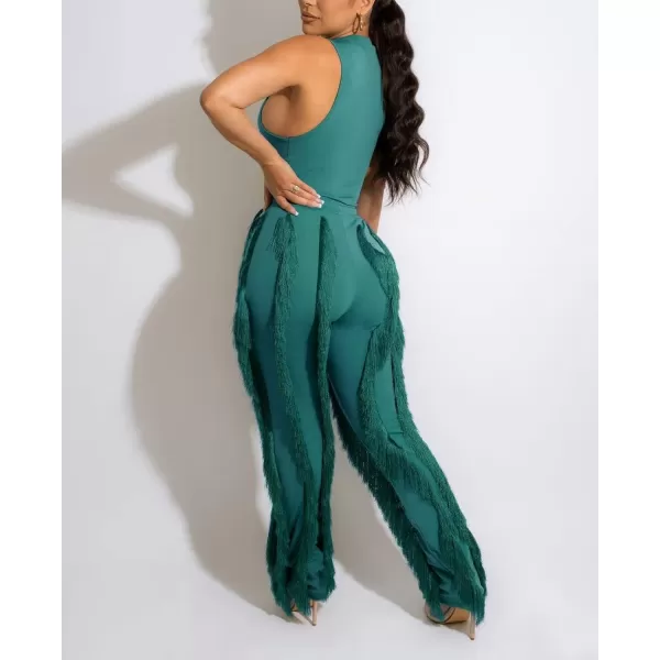IyMoo Two Piece Outfits for Women Long Sleeve Sleeveless Tank Tops Fringe Tassel Shorts Long Pants Set Clubwear S3XLA1 Green