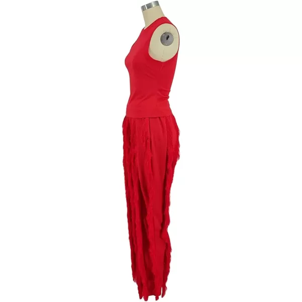 IyMoo Two Piece Outfits for Women Long Sleeve Sleeveless Tank Tops Fringe Tassel Shorts Long Pants Set Clubwear S3XLA1 Red