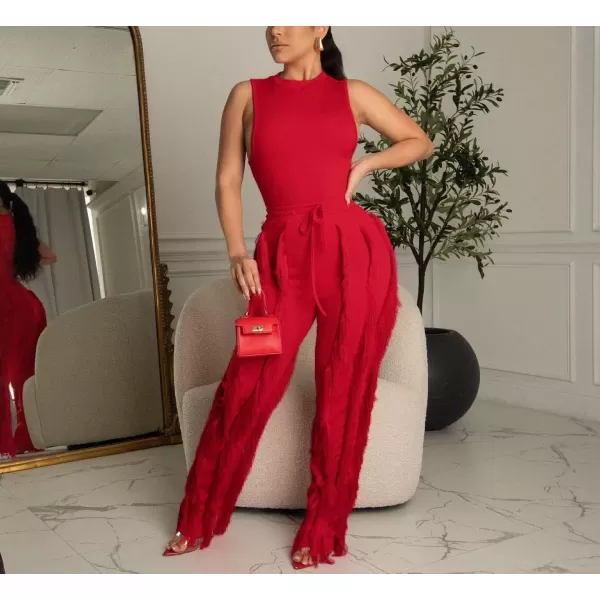 IyMoo Two Piece Outfits for Women Long Sleeve Sleeveless Tank Tops Fringe Tassel Shorts Long Pants Set Clubwear S3XLA1 Red