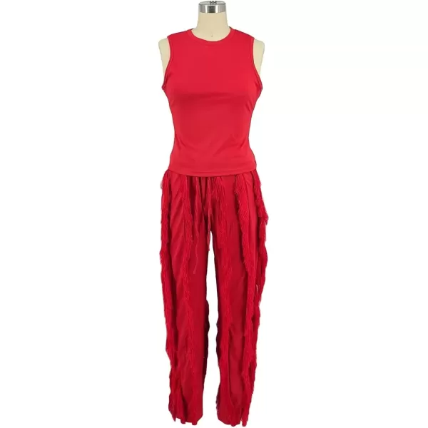 IyMoo Two Piece Outfits for Women Long Sleeve Sleeveless Tank Tops Fringe Tassel Shorts Long Pants Set Clubwear S3XLA1 Red