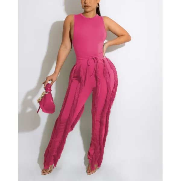 IyMoo Two Piece Outfits for Women Long Sleeve Sleeveless Tank Tops Fringe Tassel Shorts Long Pants Set Clubwear S3XLA1 Rose Pink
